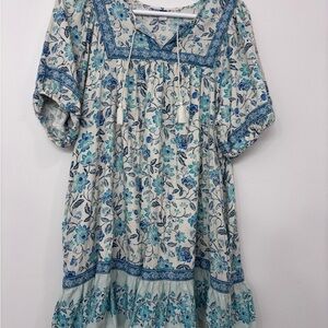 2X Old Navy Blue & White Floral Puff-Sleeve Midi Swing Dress